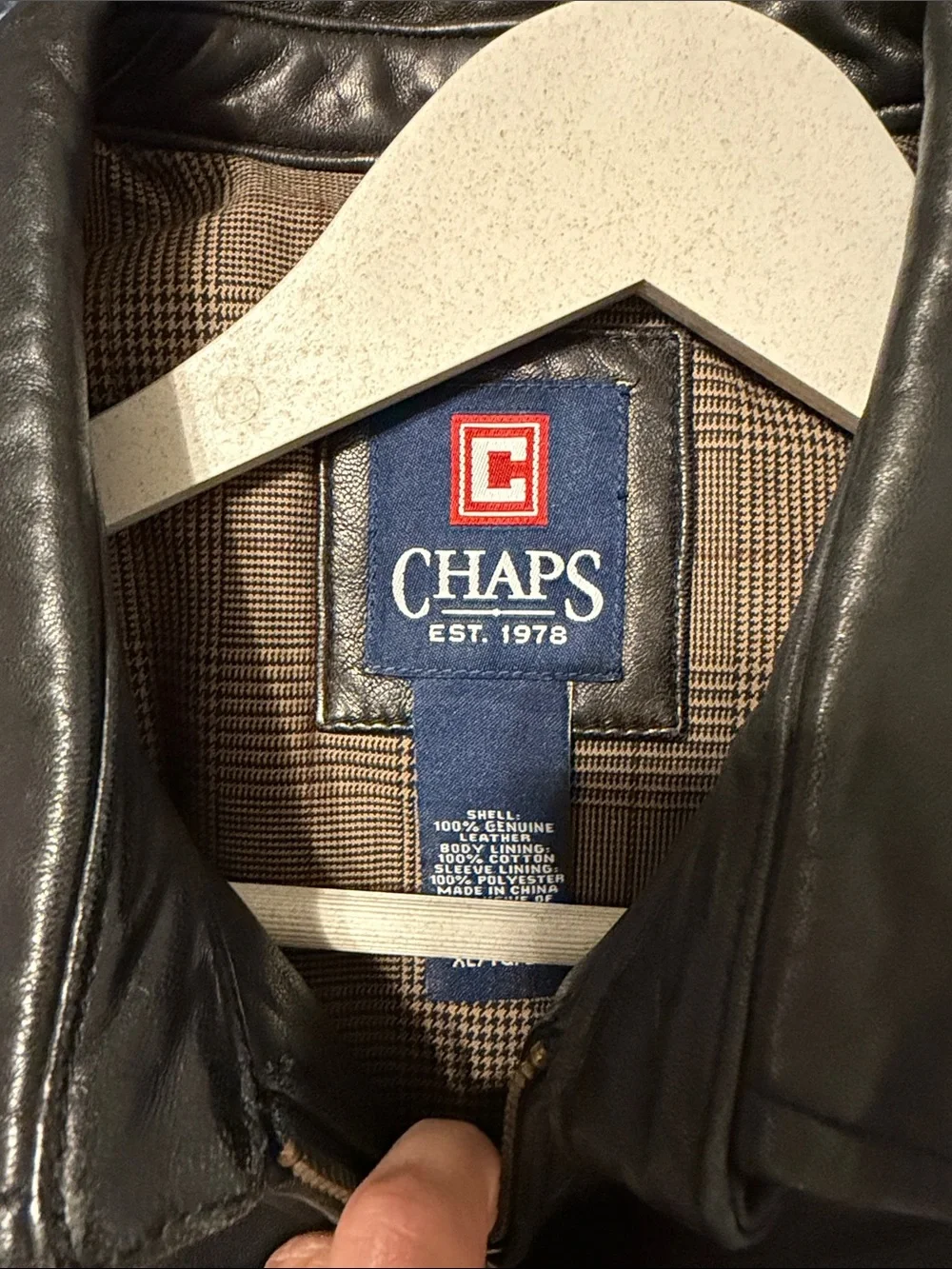 Chaps Black Leather Bomber Jacket with Brown Check Lining